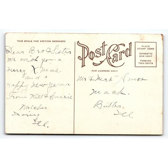 Vintage Christmas Postcard with Holly Berries and Scenic Sunset - Picture 2 of 2